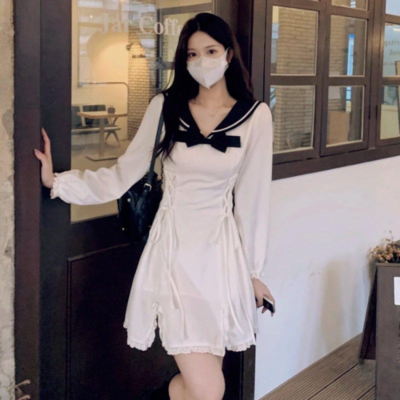 

2022 Spring Summer New Bow Tie Navy Collar Dress Vintage Design Japanese Style A-line Dress Short Sleeve Casual Dress for Female