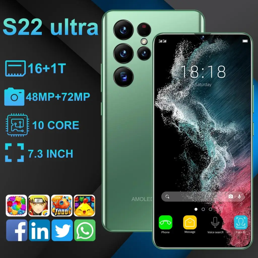 

Смартфон S22 Ultra, 7,3 дюйма, 6800 мАч, Qualcomm 888 + 16 ГБ + ТБ, две SIM-карты, 48 + 72 МП