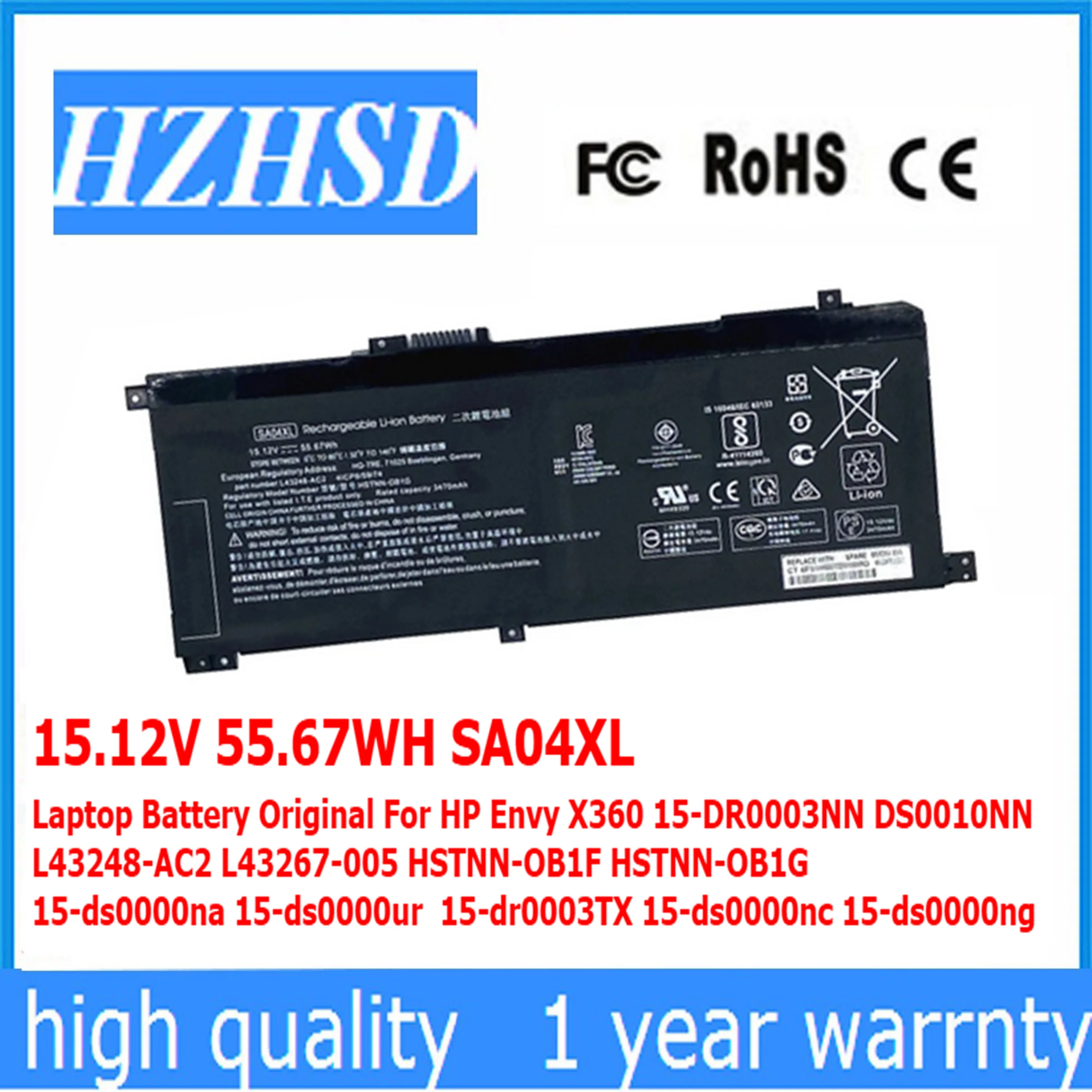 

15.12V 55.67WH SA04XL Laptop Battery Original For HP Envy X360 15-DR0003NN DS0010NN L43248-AC2 L43267-005 HSTNN-OB1F HSTNN-OB1G
