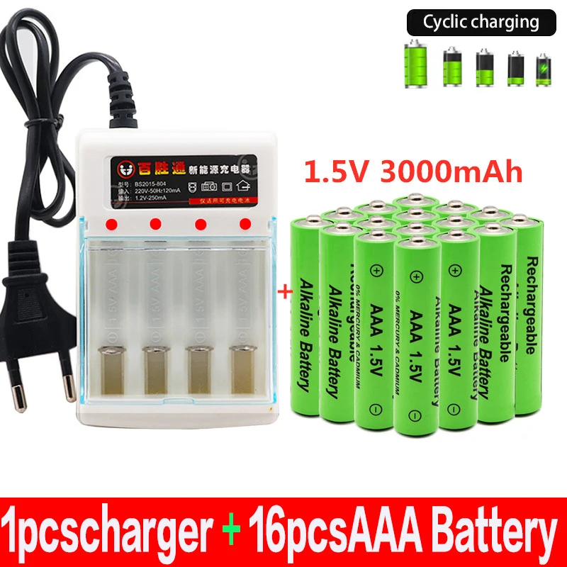 

100%New Original AAA Battery Rechargeable Battery AAA1.5V 3000mAh Rechargeable Alcalinas Drummey+Charger Shaver Clock Battery