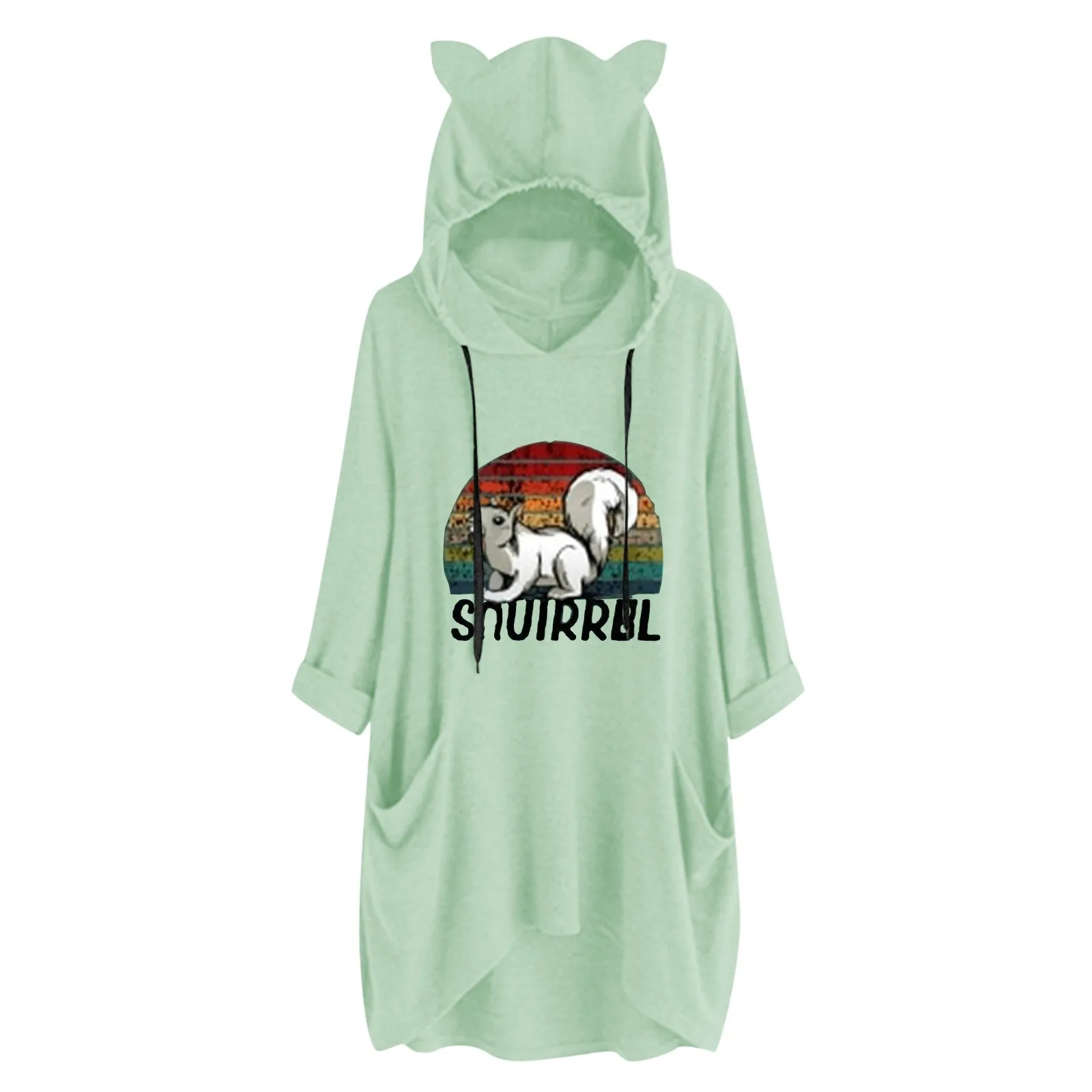 

Clothe Women Pockets Drawstring Cute Print Big Size Long Hooded Cat Ear Sweatshirt Top Sweat Pullovers
