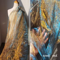 pleated crystal organza tulle fabric golden blue gradient diy background decor skirt wedding dress clothes designer fabric