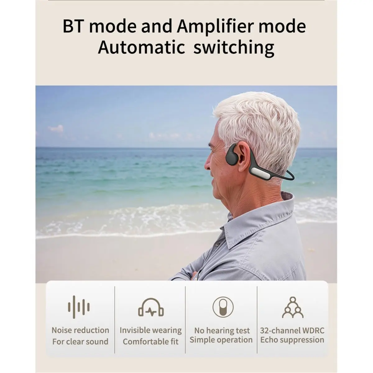Фото Беспроводные наушники с костной проводимостью Xin828 Bluetooth 5.4 для людей с нарушениями слуха, спортивная гарнитура с HD-микрофоном, 32 канала WDRC №1