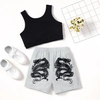 2022 kids clothes girls boys clothing sets solid sleeveless topsanimal dragon short pants summer casual children clothes 5 10y