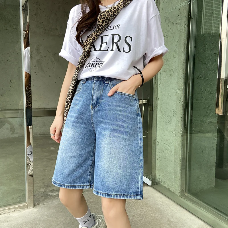 New Spring Summer Women Wide Leg Retro Blue Denim Shorts Streetwear Female Loose Straight Vintage Jeans Shorts