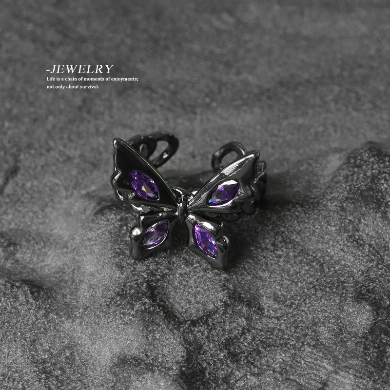 

New Trendy Gothic Butterfly Open Adjustable Ring Personality Purple Zircon Punk Rings for Women Wedding Party Jewelry Whole Sale