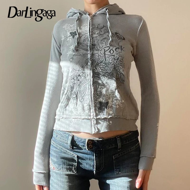 

Осенние толстовки Darlingaga с вышивкой, куртка на молнии, пальто, свитшот с графическим принтом и капюшоном в винтажном стиле Y2K