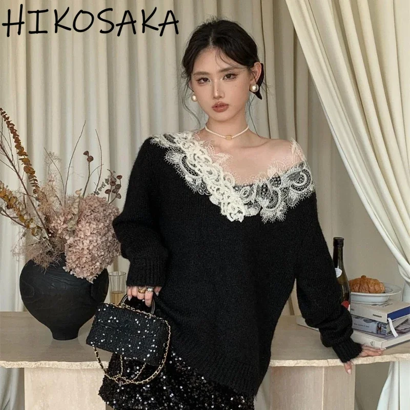 Korean Chic Sweet Lace Patchwoek V-neck Loose Pullovers Long Sleeve Casual Temperament Sweaters Women 2024 Fall Winter Jumpers