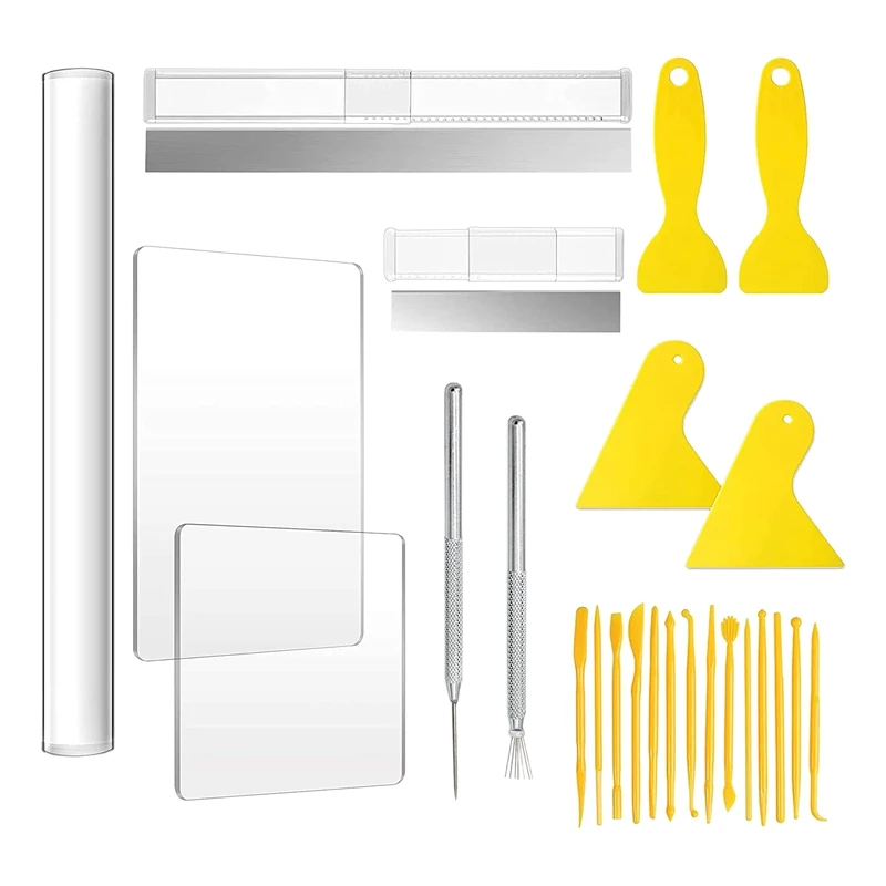

25 Pcs Acrylic Clay Roller With Acrylic Sheet Engraving Pen Plastic Scraper Clay DIY Tool For Shaping And Sculpting