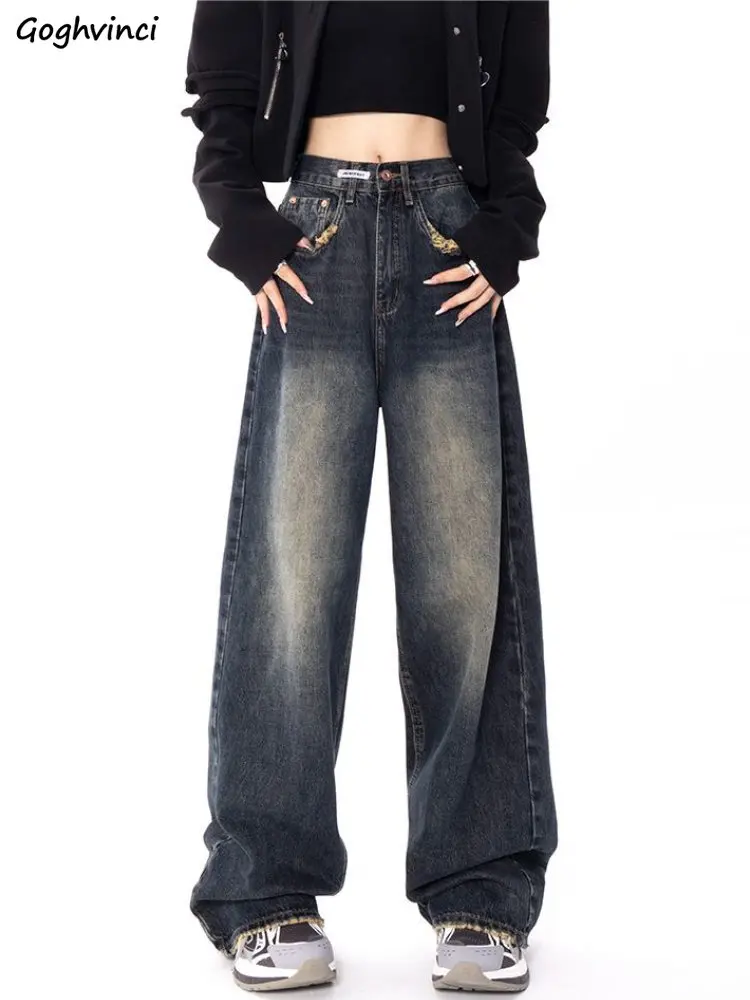 

Женские джинсы с широкими штанинами Ulzzang, винтажные Модные Простые мешковатые шикарные универсальные уличные брюки с высокой талией, длинные джинсы в стиле бойфренда на весну