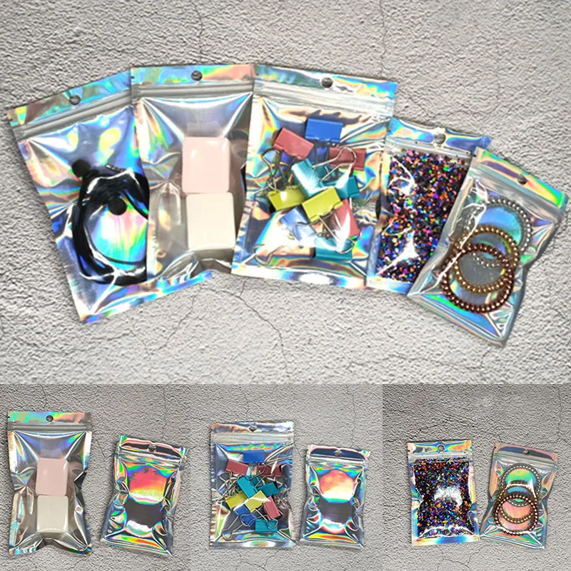 

50pcs Laser Ziplock Bag Cosmetic Packaging Self Sealing Gift Bag Clear Holographic Jewelry Thick Aluminum Foil Zip Lock Bags