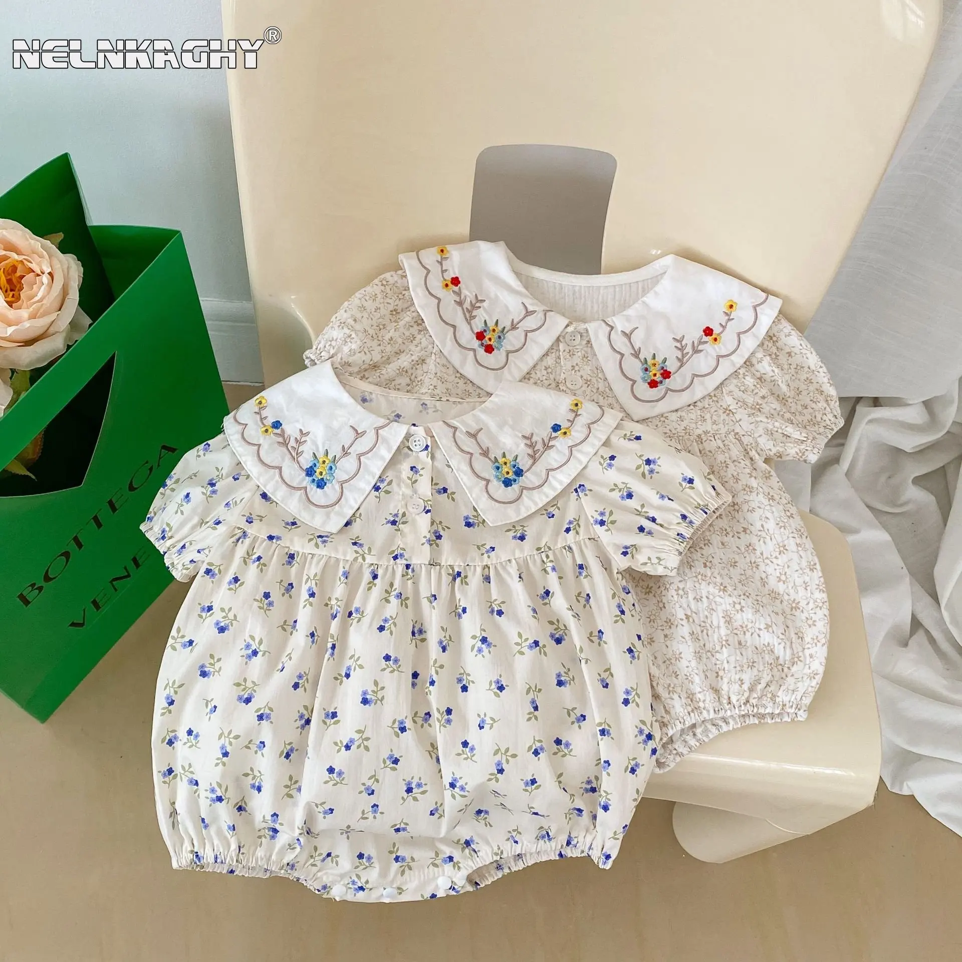 Summer Kids Baby Girls Short Sleeve Floral Print Peter Pan Collar Outwear Infant Newborn Jumpsuits Toddler Cotton Bodysuits