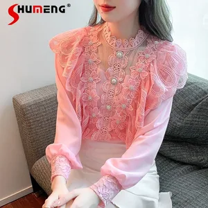Pink Fairy Mesh Embroidery Beads Flower Ruffled Ladies Tops Sweet Women's Lace Stand Collar Button Ruffle Lace Shirts for Women