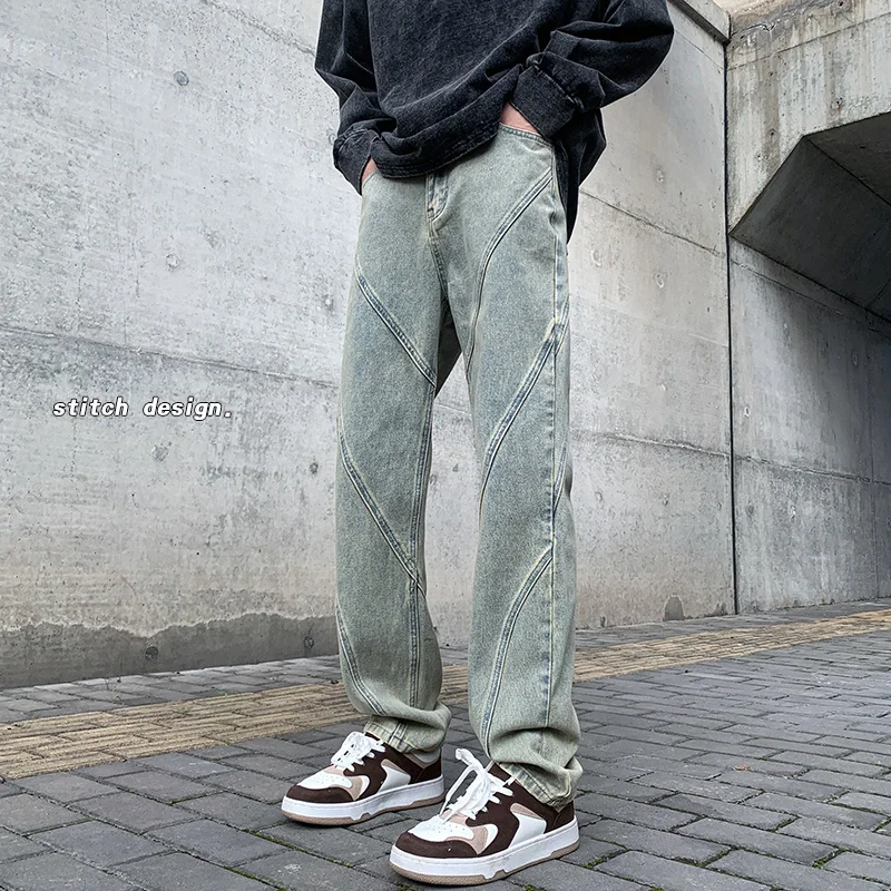 

Hybskr Solid Color Vintage Men's Jeans Fashion Design Splice Straight Oversize Man Denim Pants Streetwear Hip Hop Casual Trouser