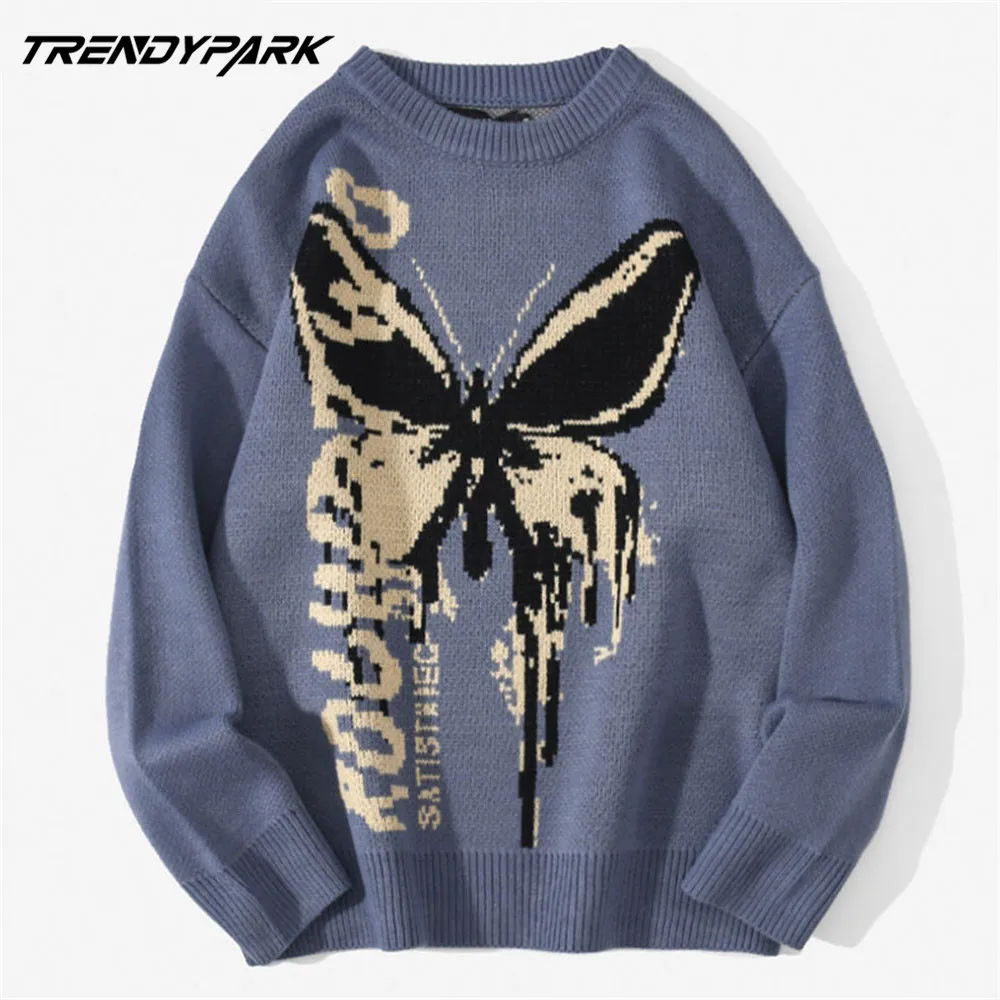 sweater butterfly print soft knitted o neck pullover mens clothing harajuku casual streetwear knitwear oversize tops sweater free global shipping