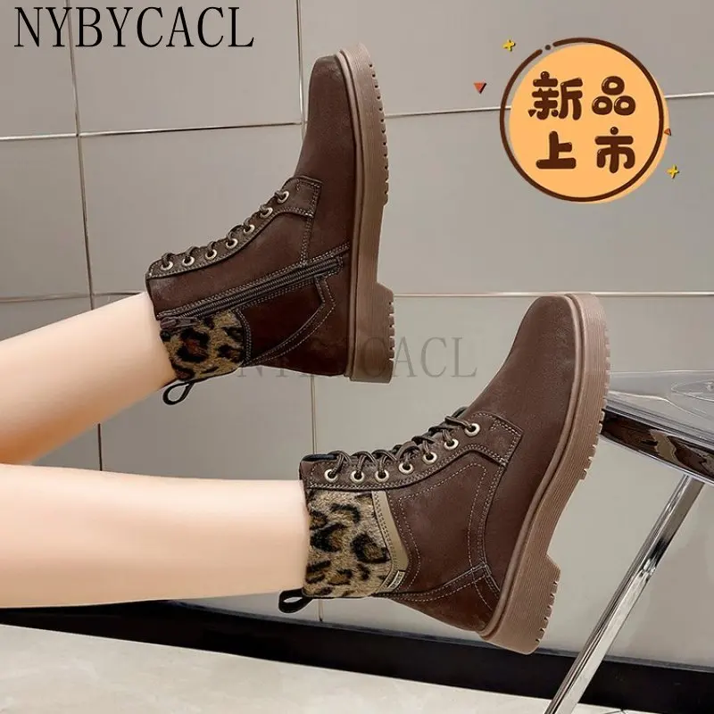 2023 New  Boots Women Suede Leather Women's Boots Mid-heel Flat Short Boots Winter Autumer Fashion Boots Leopard print border