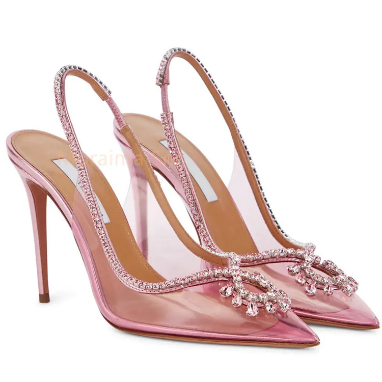 2023 Summer Women Sandals Pointed Toe Transparent Rhinestone Chain High Heels Pumps Pvc Stiletto Ladies Shoes Stylish Stiletto