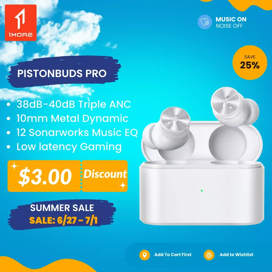 

1MORE PistonBuds Pro Triple Hybrid Noise Canceling Bluetooth 5.2 Wireless Headphones 10mm Driver Earbuds 12 Music EQ 30H Battery