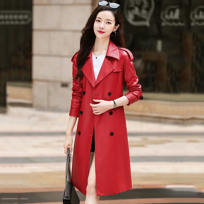 Trench New Women Leather Coat Spring Autumn 2023 Elegant Fashion Single Breasted Solid Slim Sheepskin Coat Leather Outerwear