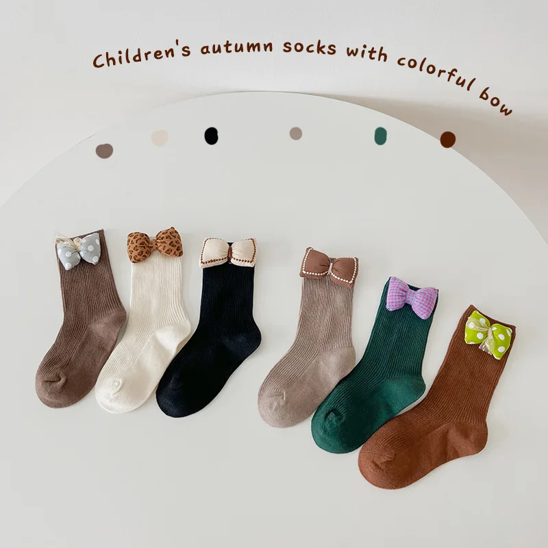 3 Pair Ins Korean Calf Sock for Baby Girl Cute Big Pot Bow Princess Children Knee High Sock Spring Autumn Combed Cotton Sock