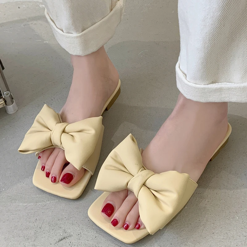 

2022 Slippers Women Flip Flop Summer Shoe New Casual Indoor Square Toe Slides Butterfly-Knot Female Shoes Outside Ladies Flats