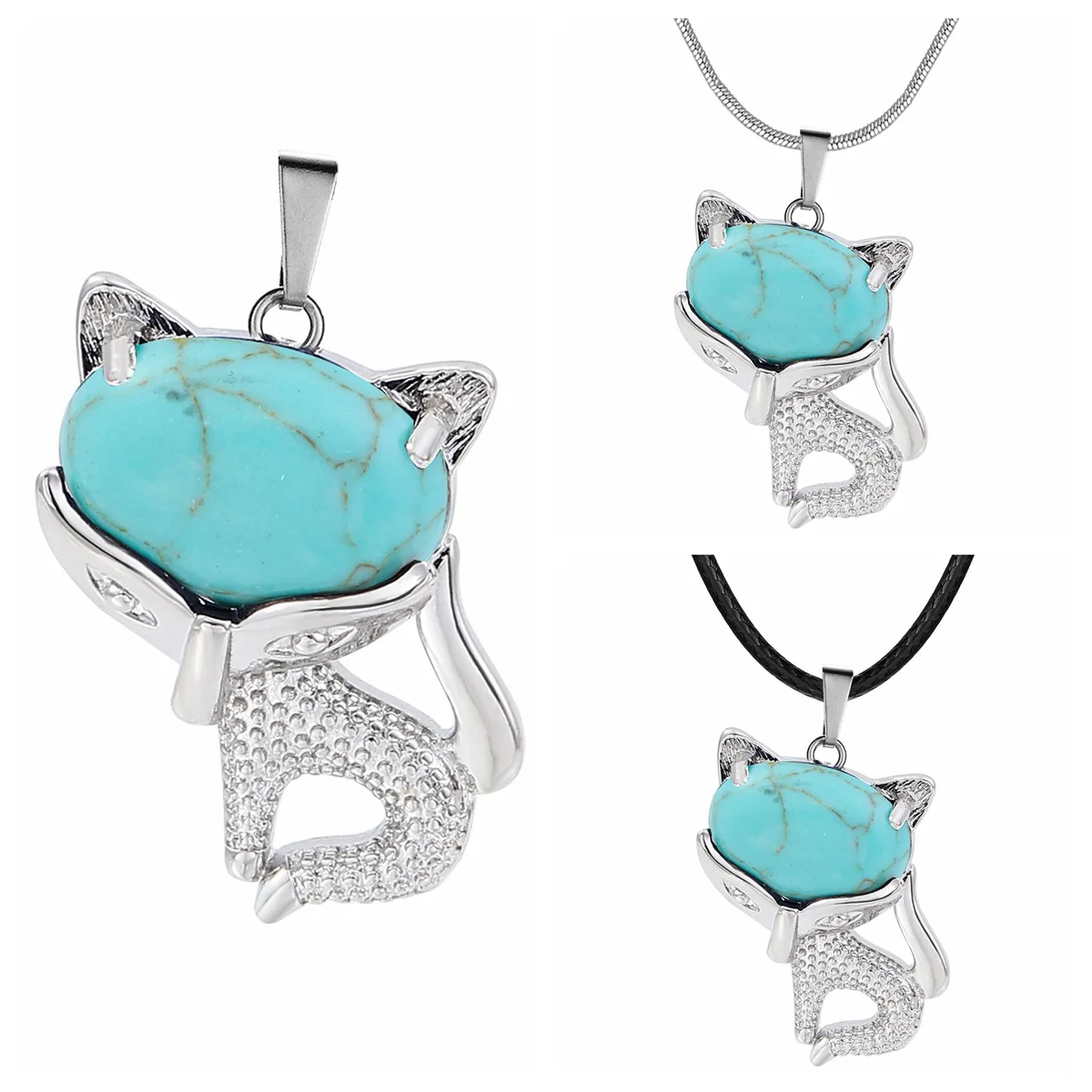 

Turquoise Fox Pendant Gemstone Necklace for Women Men 18" Chain Healing Chakra Crystal Amulet Animal Choker Jewelry