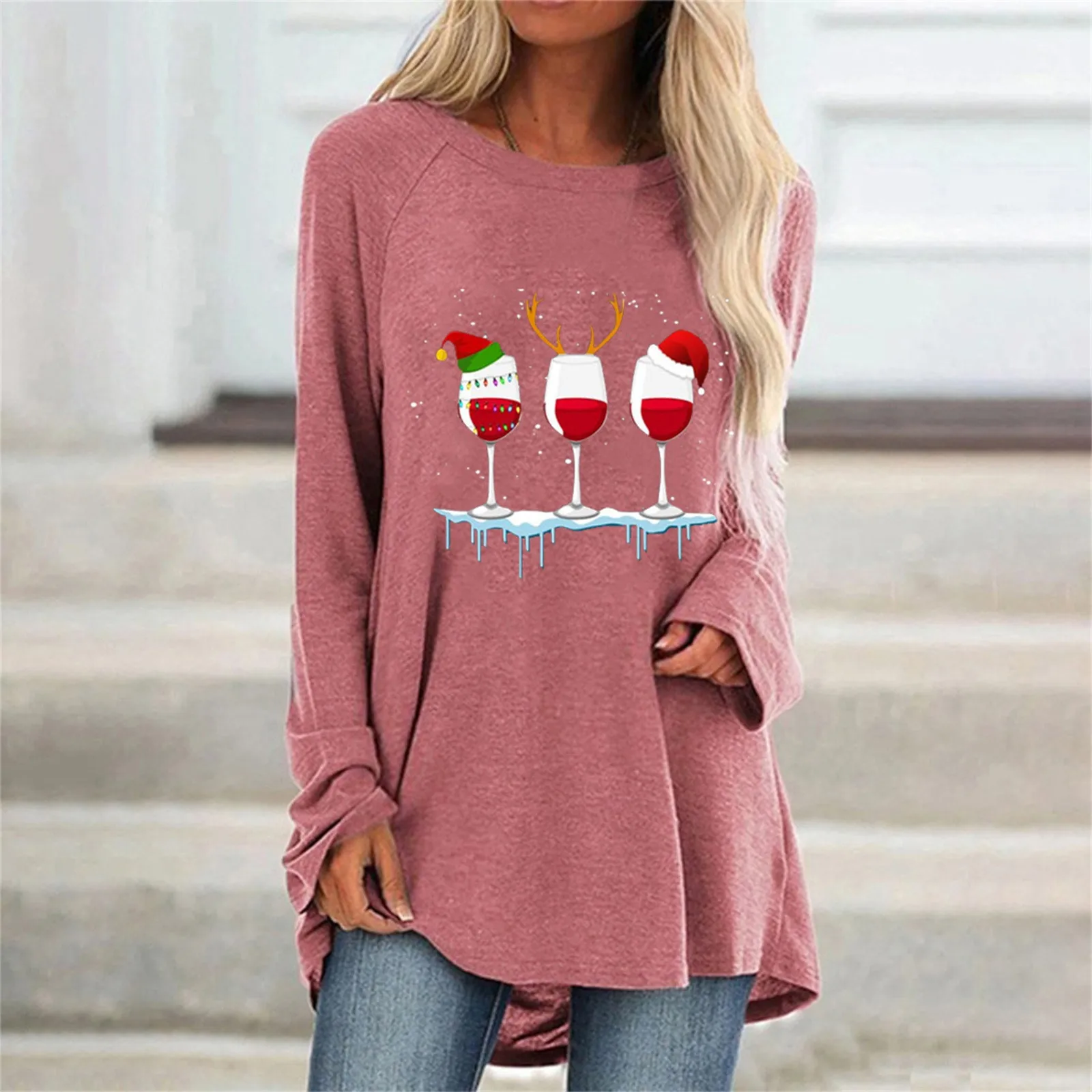 

Рождественская Женская модная футболка с принтом, круглым вырезом и длинными рукавами, блузка, скраб-топ с заклепками, женский летний топ