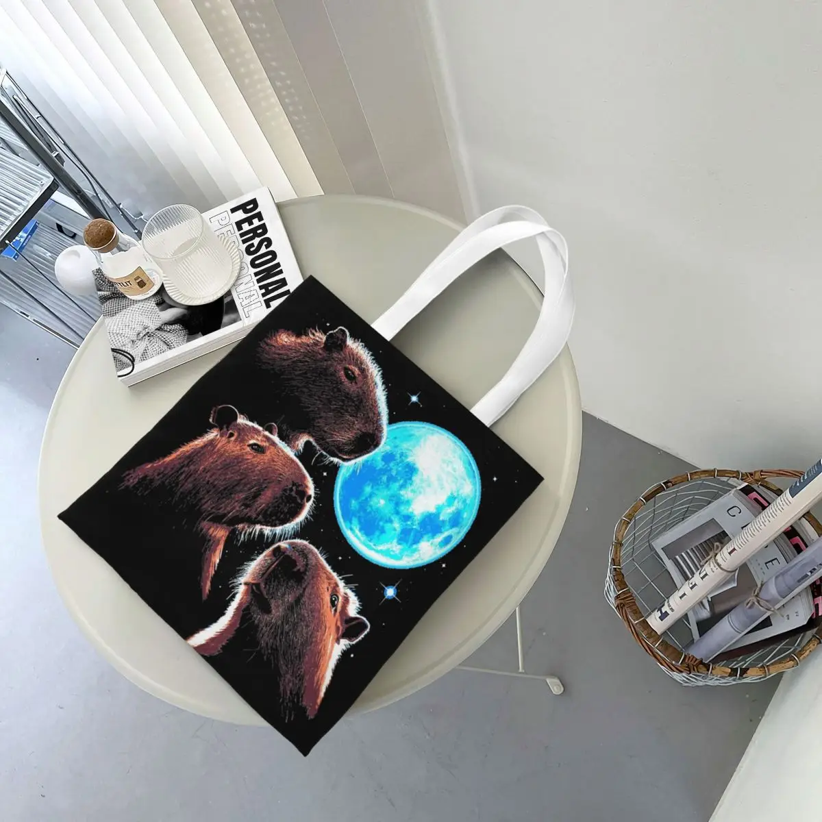 Забавная Холщовая Сумка-тоут с мемом капибара три сумки для продуктов Луной