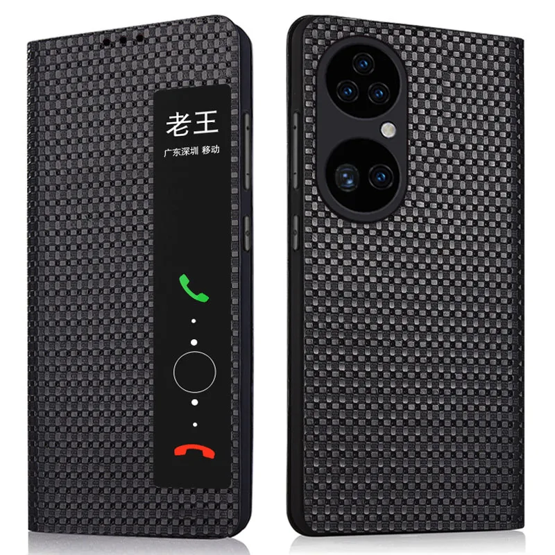 Hot New Luxury Genuine Cow Leather Magnetic Window Flip Cover Mobile Phone Book Case For Huawei P50 Pro Plus + Phone Cases Funda