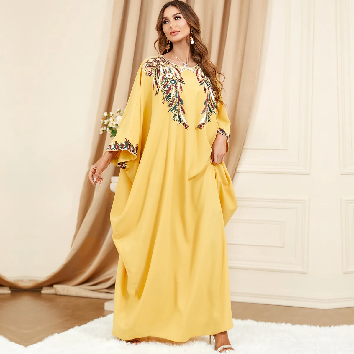 

Middle Eastern Muslim Bat Sleeve Loose Fashion Big Size Dress Turkish Indian Abaya Arab Islamic Women Moroccan Kraftan Gown