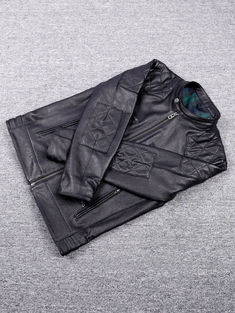 Xiaobei Cowhide Leather Clothing Young Men's Short Stand Collar Leather jacket Korean Sle Slim fit Single C...