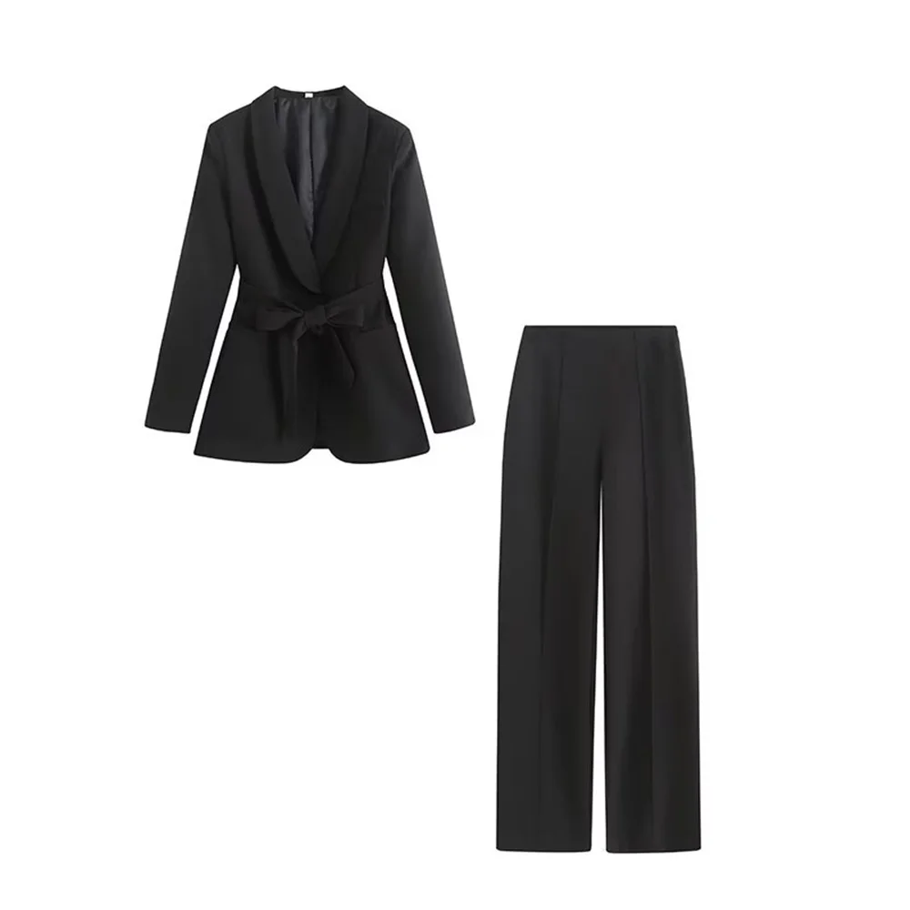 

PB&ZA Spring/Summer New Women's Fashion Commuter Set Casual Black Blazer + Casual Black Wide Leg Pants