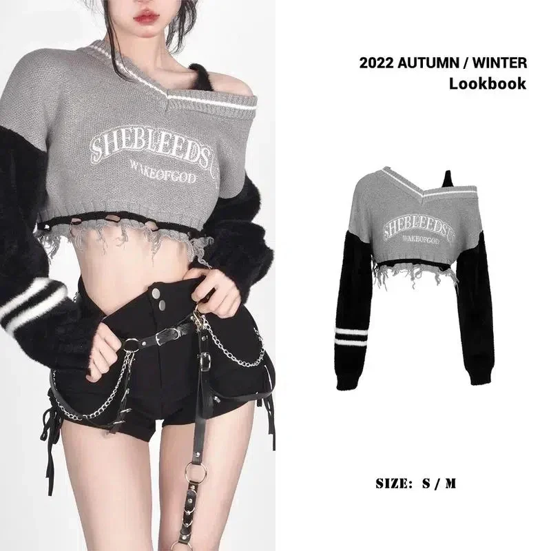 

Hot Girl Fake Two-piece Sweater American Gray Ripped Sweater Tassel Waist Loose Autumn Long-sleeved Short Style Korean Fashion