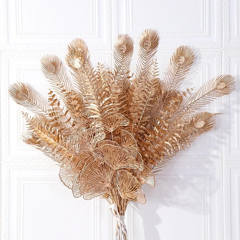 

Golden Eucalyptus Artificial Plants Christmas Wedding Decor Flower Bouquet Glitter Powder Branch Living Room Home Decoration