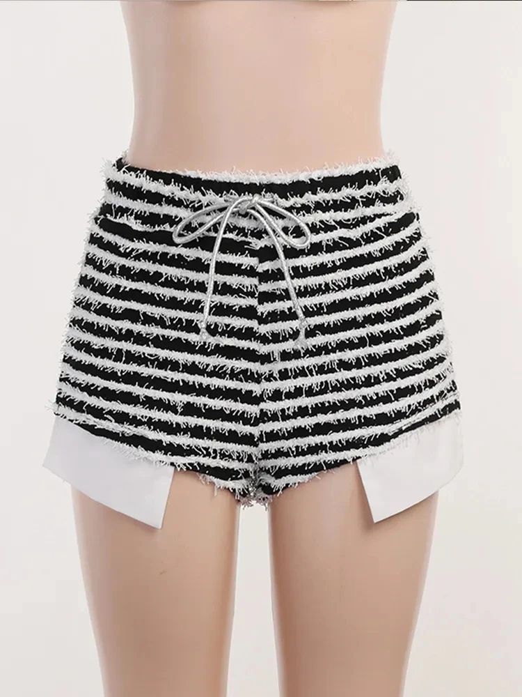 Women Sexy Striped Knitted Stacked Shorts Side Split Black And White Patchwork Drawstring Shorts Fashion High Waist Short Pants
