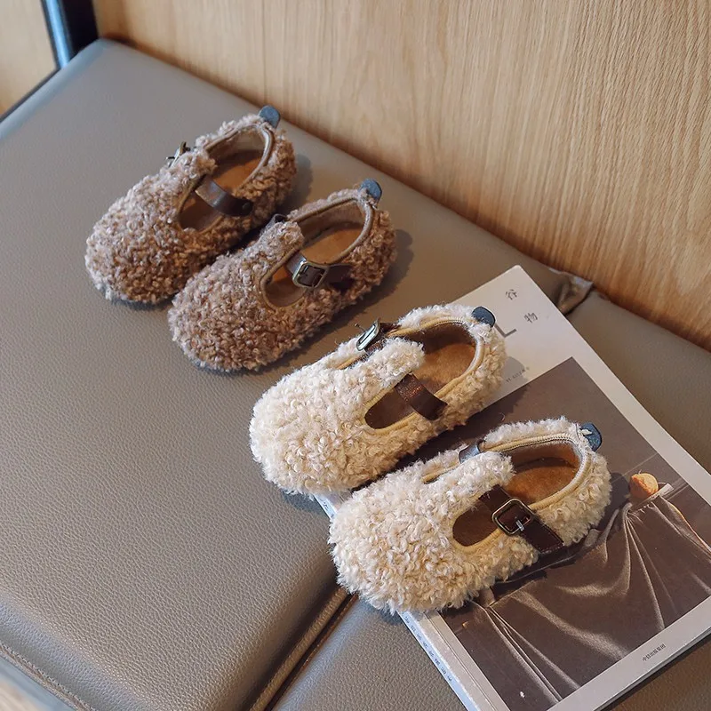 

Fashion Children Lamb Furry T-strap Shoes Autumn Winter Toddler Girls Plush Warm Casual Shoes 3 4 5 6 Years School Shoes Flats