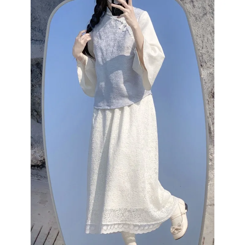 Осенний китайский стиль синий топ с вышивкой и большим рукавом белая кружевная