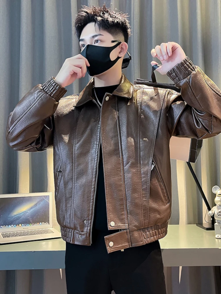 Мотоциклетное кожаное пальто кофейного цвета верхняя одежда мужская