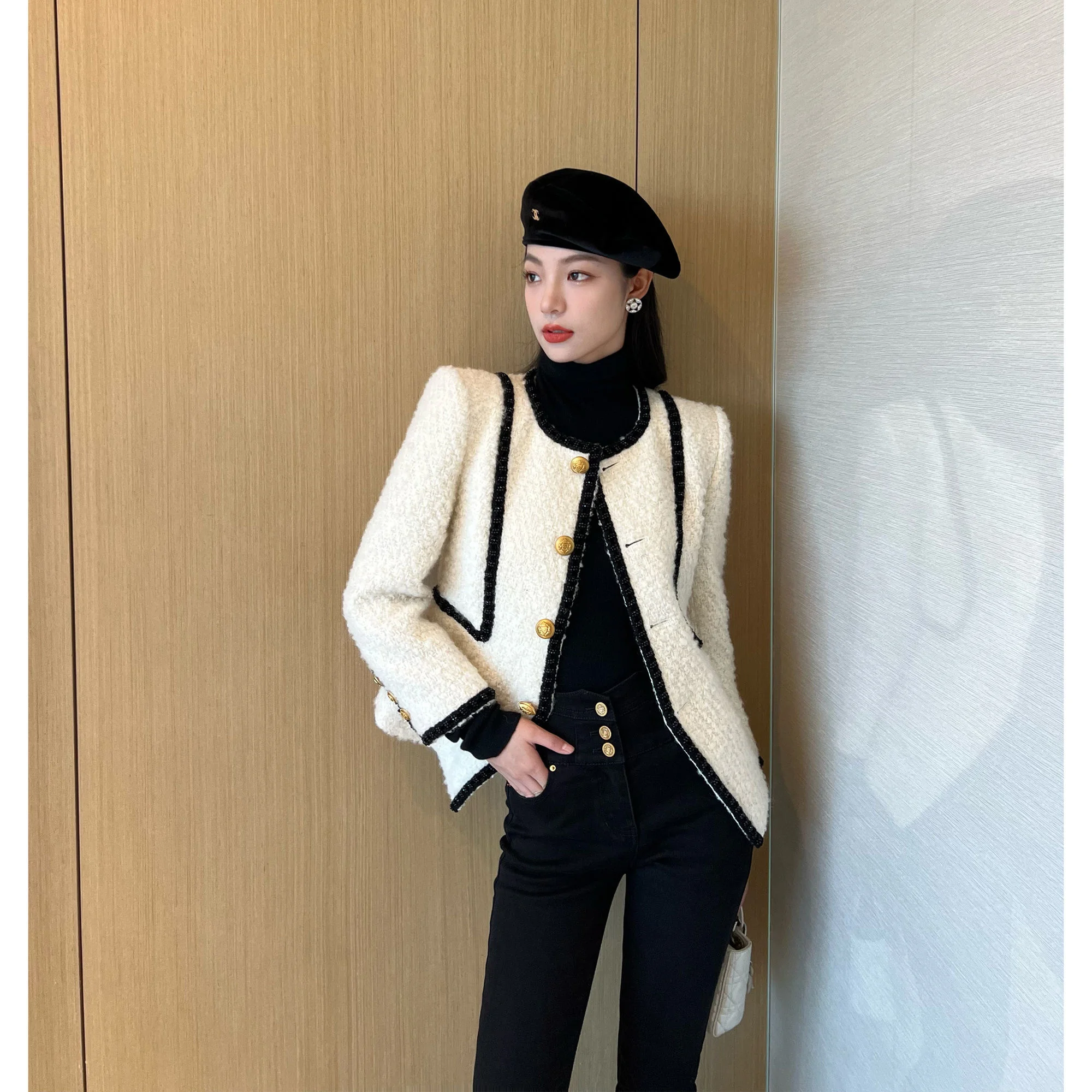 Xiaojingjia's same high set loop woolen tweed with contrasting waistband French style celebrity small fragrant coat for women's