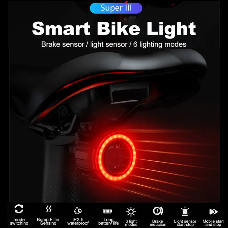 

Bicycle Smart Headlight Taillight USB Rechargeable MTB Road Bike Tail Lamp Waterproof Cycling Safety Warning Sensing Rear Light