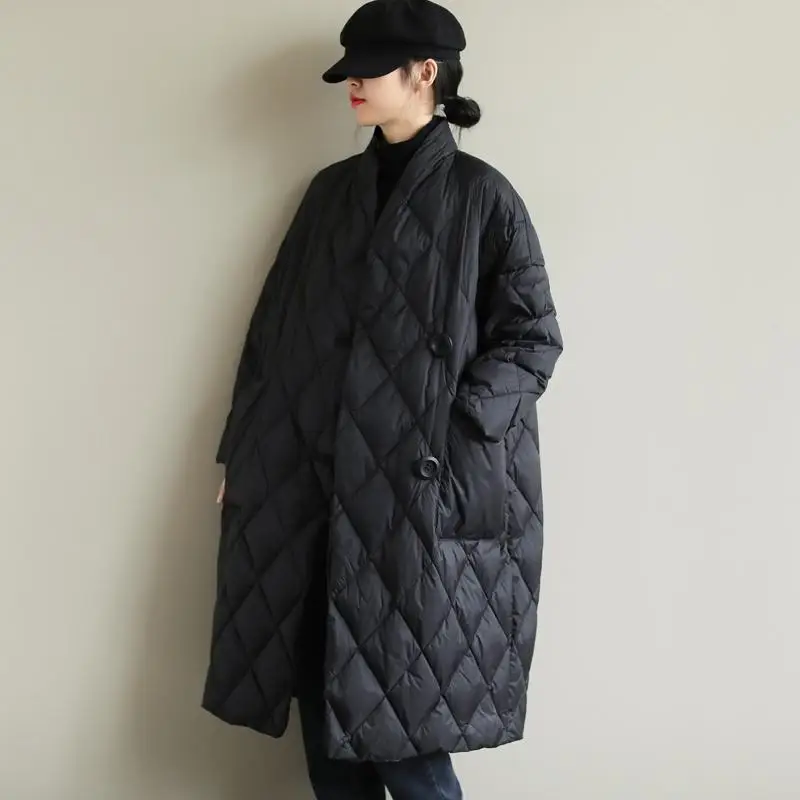 2021 Winter New Arrivals Women's Cotton Coats Diamond Lattice Block Big Size Female Long Parkas Loose Lady Overcoats Clothes enlarge