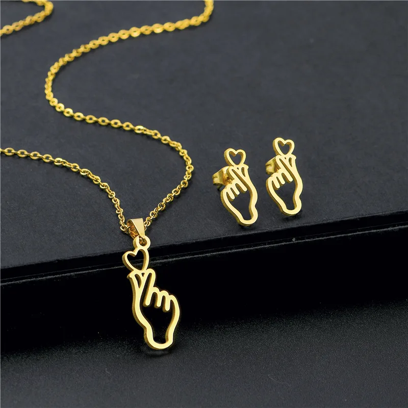 

Simple Korean Fashion Jewelry Set Charms Couple Finger Heart Studs Earrings Stainless Steel Hand Necklace Accessories Gift