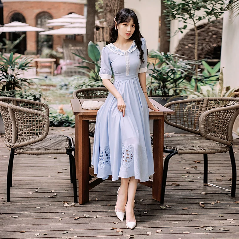 

Summer Casual Woman Dress Soft Vintage Light Blue Embroidery Floral Hollow Out Half Sleeve Retro Midi Dresses Vestido Festa