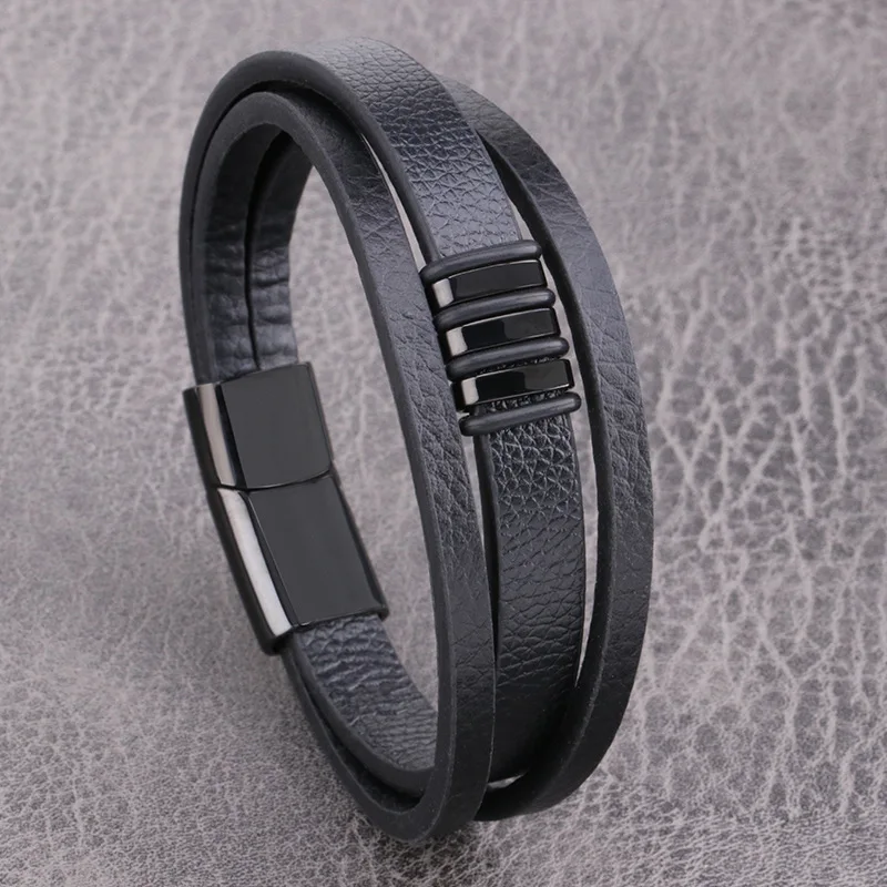 

Black Simple Combination Small Accessories Stainless Steel Leather Bracelet Men's Fashion Jewelry Gift Wholesale Free Of Freight