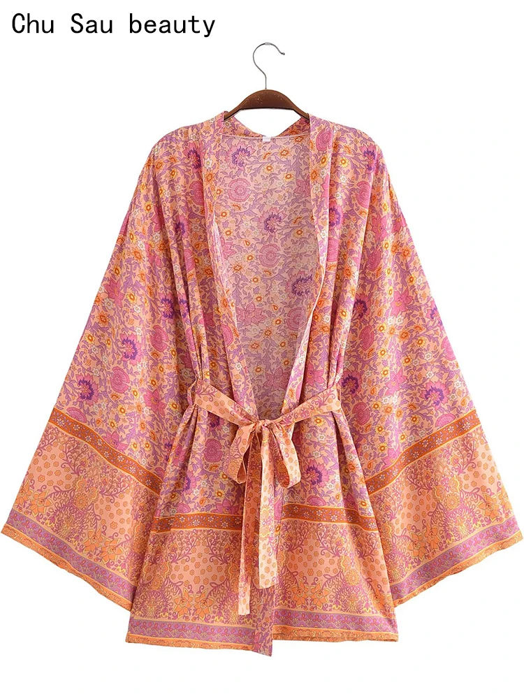 

Chu Sau beauty 2023 Women Summer Fashion Vintage Chic Floral Print Cardigans Long Blouses Boho Style Long Sleeve Loose Kimono