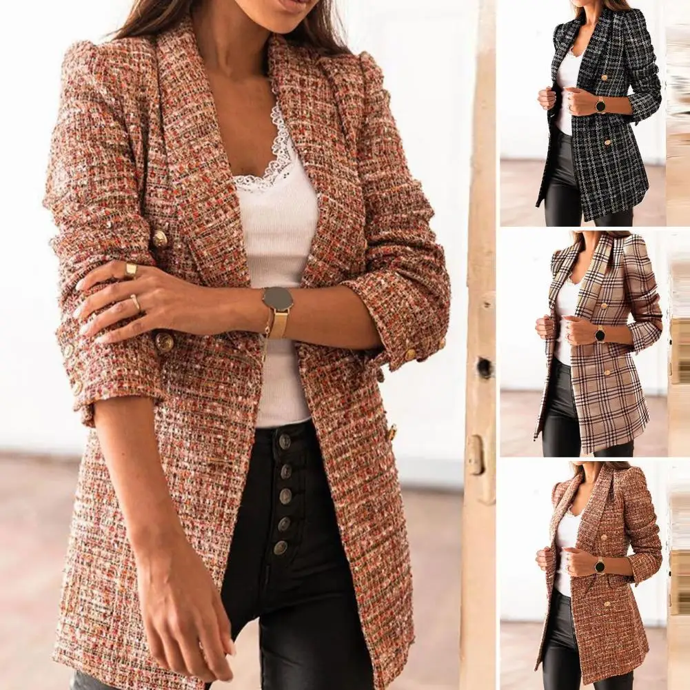 

Stylish Lady Coat Formal Autumn Blazer Long Sleeves Thick Plaid Print Lady Coat Warm