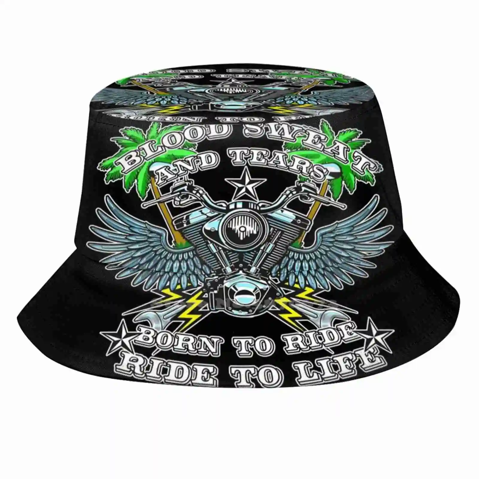 

Motorcyclist Biker Blood Sweat And Tears Pattern Design Printed Travel Bucket Hats Motorcycle Bikers Motorcyclists Ride To Life