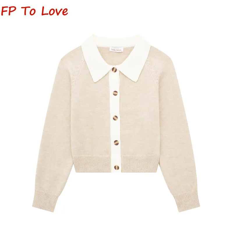 

Autumn Winter Sweet Lapel Knitted Cardigan Color Collision Single-breasted Blouse Lazy Wind Short Jacket Long Sleeve Sweater