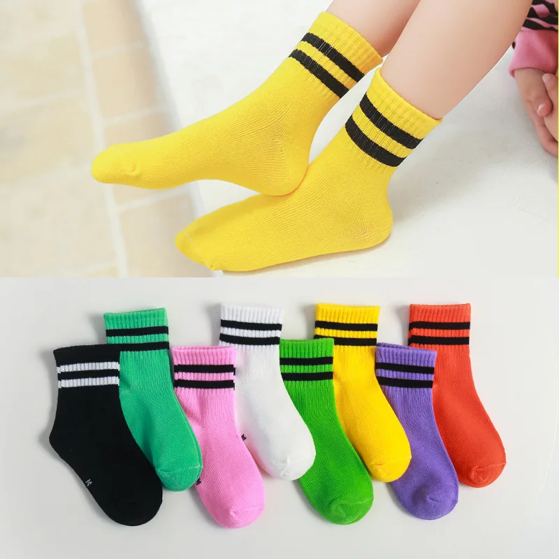 1-12 Yrs Children Socks Candy Color Breathable Cotton Boys Girls Sports Socks Black Strips Spring and Autumn Students Tube Socks