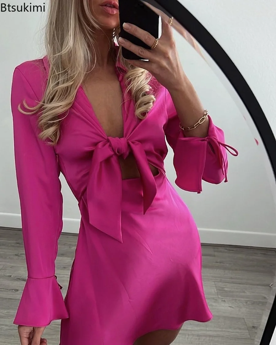 

2022 Summer Pink Dresses Elegant Women Hollow Out Bow Tie Satin Dress Female Casual Front Flare Sleeve Deep V Neck Mini Dress